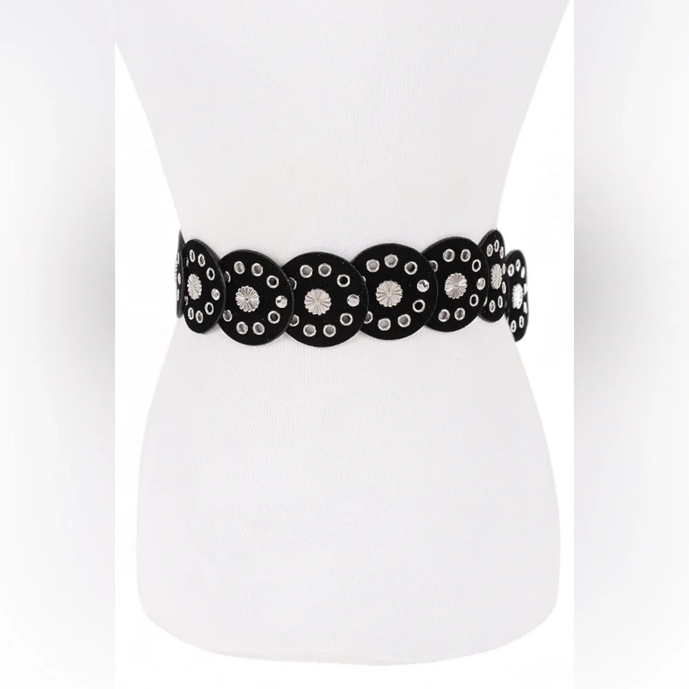 Silver Engraved Round Circle Concho Western Statement Belt